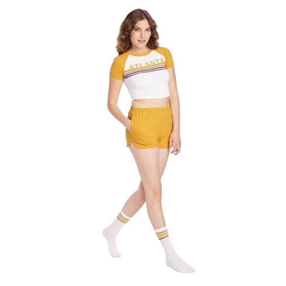 Colsie Retro ATLANTA Yellow Crop Top & Shorts 3 Pc Pajama Set -- Size Small 4/6 - Picture 1 of 9